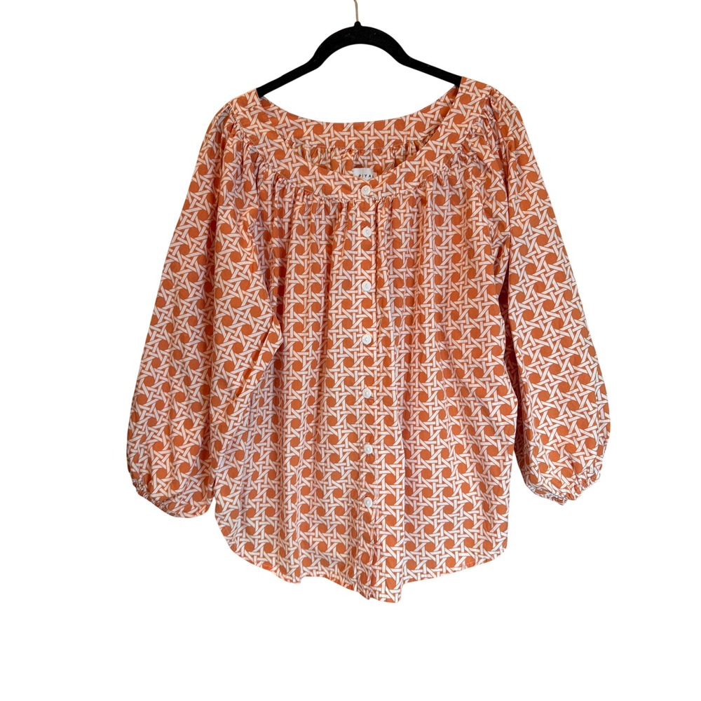 Piyama Orange White Geometric Print Cotton Button Down Blouse Top ML